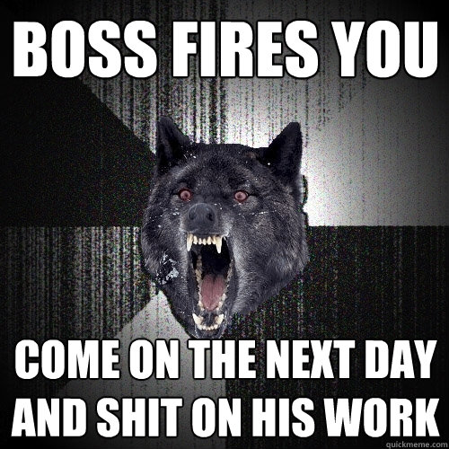 boss fires you come on the next day and shit on his work  Insanity Wolf