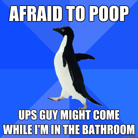 AFRAID TO POOP UPS GUY MIGHT COME WHILE I'M IN THE BATHROOM  Socially Awkward Penguin