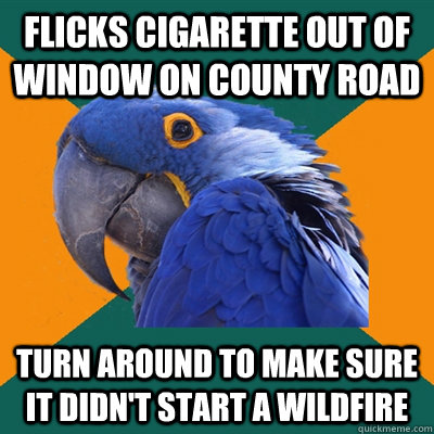 Flicks cigarette out of window on county road Turn around to make sure it didn't start a wildfire  Paranoid Parrot