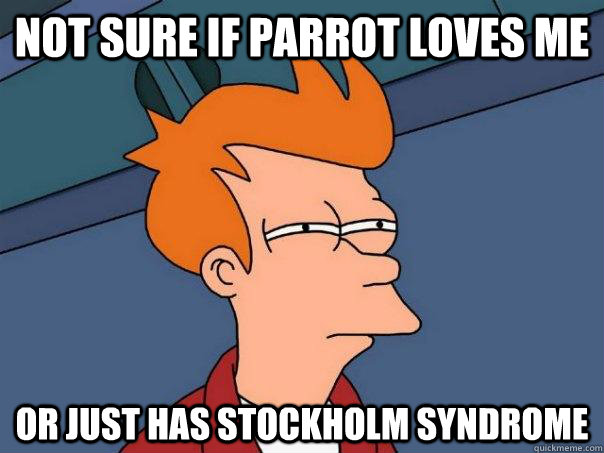 NOT SURE IF PARROT LOVES ME OR JUST HAS STOCKHOLM SYNDROME - NOT SURE IF PARROT LOVES ME OR JUST HAS STOCKHOLM SYNDROME  Futurama Fry