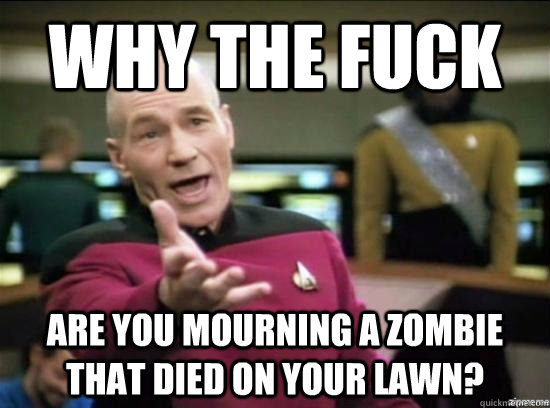 Why the fuck are you mourning a zombie that died on your lawn?  Annoyed Picard HD