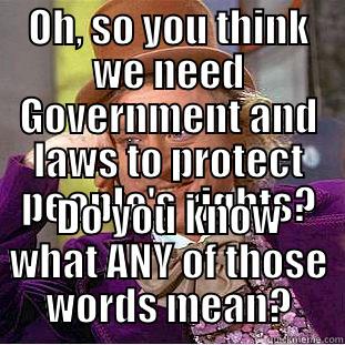 Government Protects Rights - OH, SO YOU THINK WE NEED GOVERNMENT AND LAWS TO PROTECT PEOPLE'S RIGHTS? DO YOU KNOW WHAT ANY OF THOSE WORDS MEAN? Condescending Wonka