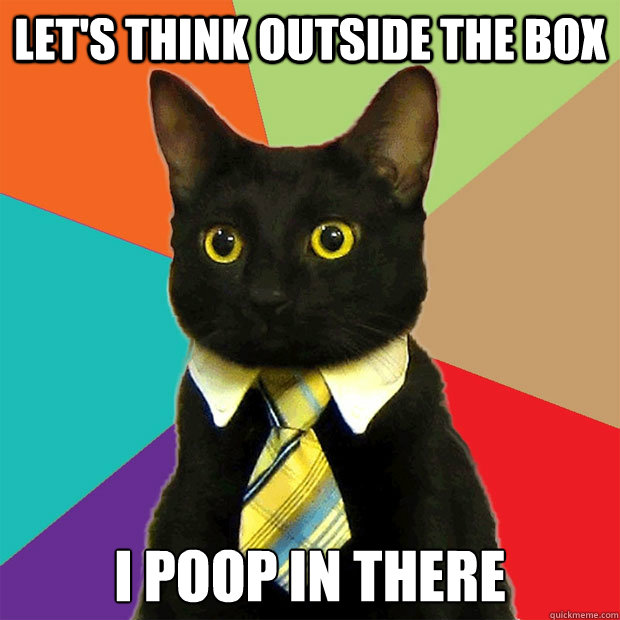 Let's think outside the box I poop in there  Business Cat