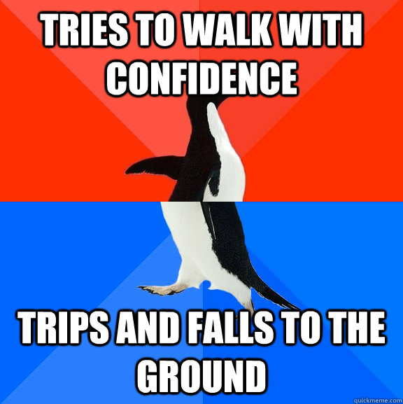 tries to walk with confidence  trips and falls to the ground - tries to walk with confidence  trips and falls to the ground  Socially Awesome Awkward Penguin