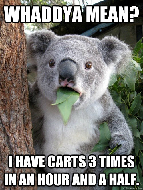 Whaddya mean? i have carts 3 times in an hour and a half. - Whaddya mean? i have carts 3 times in an hour and a half.  koala bear