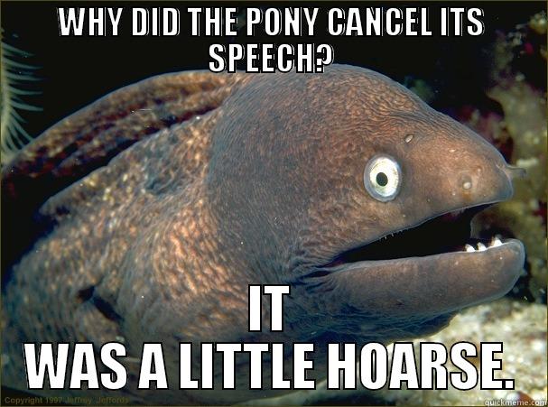 WHY DID THE PONY CANCEL ITS SPEECH? IT WAS A LITTLE HOARSE. Bad Joke Eel