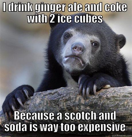 I DRINK GINGER ALE AND COKE WITH 2 ICE CUBES BECAUSE A SCOTCH AND SODA IS WAY TOO EXPENSIVE Confession Bear