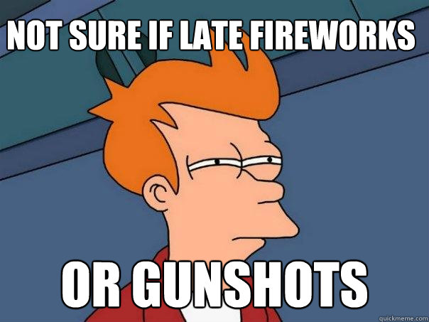 Not sure if late fireworks or gunshots - Not sure if late fireworks or gunshots  Futurama Fry