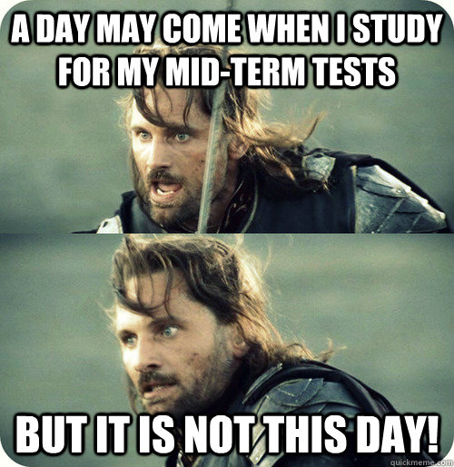 a day may come when i study for my mid-term tests but it is not this day!  Aragorn Inspirational Speech