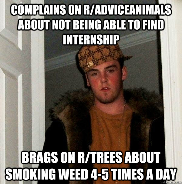 Complains on r/adviceanimals about not being able to find internship brags on r/trees about smoking weed 4-5 times a day  Scumbag Steve
