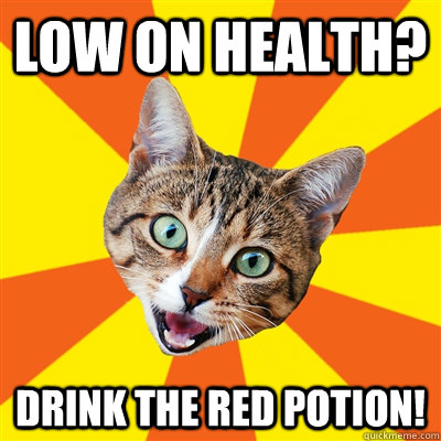 Low on Health? Drink the red potion!  Bad Advice Cat