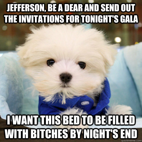 Jefferson, be a dear and send out the invitations for tonight's gala I want this bed to be filled with bitches by night's end  Young Money Dog