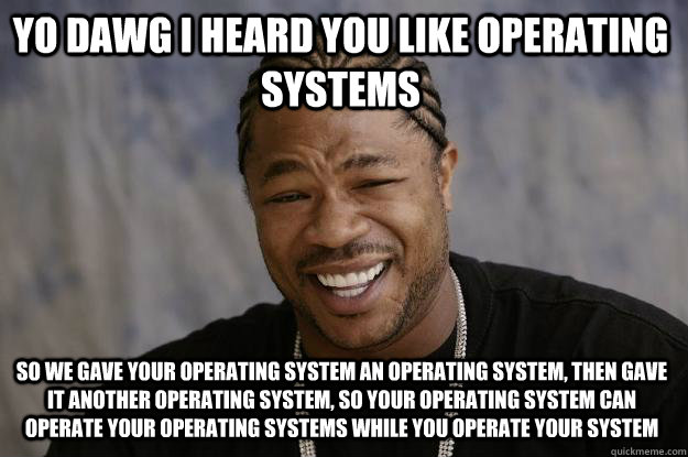 YO DAWG I HEARD you like operating systems so we gave your operating system an operating system, then gave it another operating system, so your operating system can operate your operating systems while you operate your system  Xzibit meme