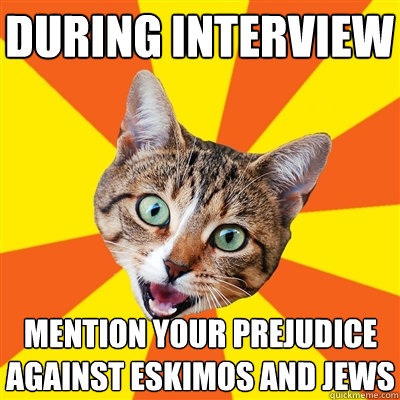 During interview mention your prejudice against eskimos and jews  Bad Advice Cat