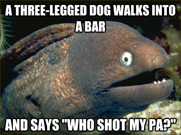 a three-legged dog walks into a bar and says 