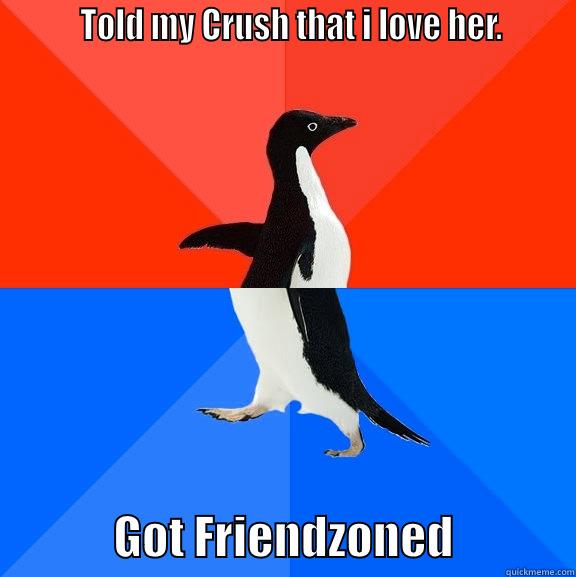 Told my Crush my love to her. -         TOLD MY CRUSH THAT I LOVE HER.                    GOT FRIENDZONED             Socially Awesome Awkward Penguin