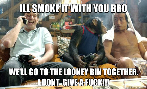 Ill smoke it with you bro  We'll go to the looney bin together. 
I dont  give a fuck!!! - Ill smoke it with you bro  We'll go to the looney bin together. 
I dont  give a fuck!!!  Grandmas Boy