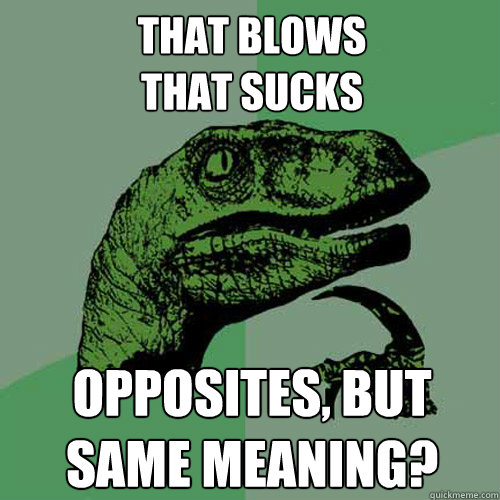 That blows
That Sucks Opposites, but
Same meaning?  Philosoraptor