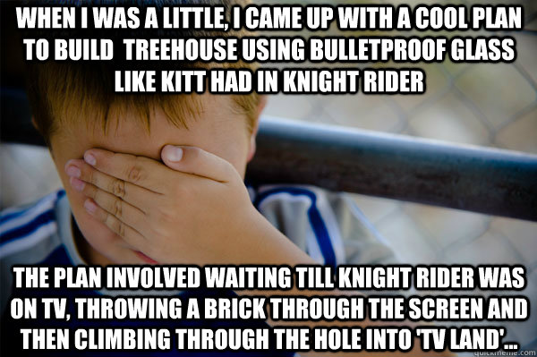 WHEN I WAS A LITTLE, I came up with a cool plan to build  treehouse using bulletproof glass like kitt had in Knight rider the plan involved waiting till knight rider was on tv, throwing a brick through the screen and then climbing through the hole into 't  Confession kid