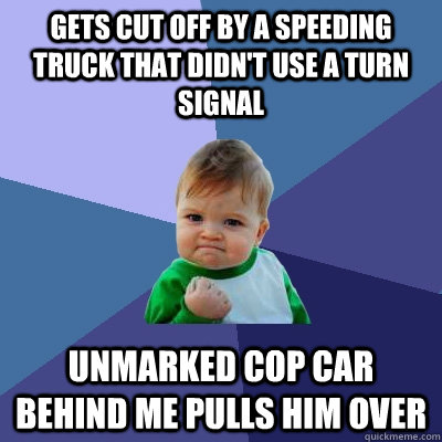 Gets cut off by a speeding truck that didn't use a turn signal Unmarked cop car behind me pulls him over  Success Kid