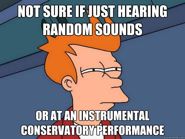 not sure if just hearing random sounds or at an instrumental conservatory performance  Futurama Fry