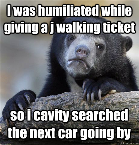 I was humiliated while giving a j walking ticket so i cavity searched the next car going by  Confession Bear