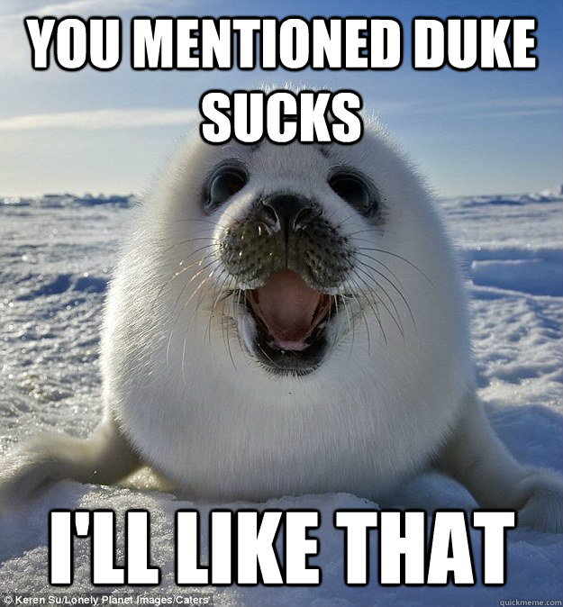 You mentioned duke sucks I'll like that  Easily Pleased Seal