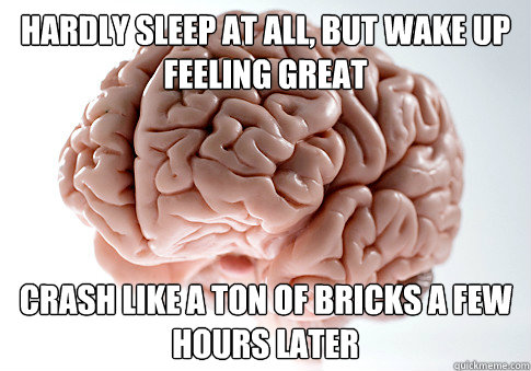 hardly sleep at all, but wake up feeling great Crash like a ton of bricks a few hours later  Scumbag Brain