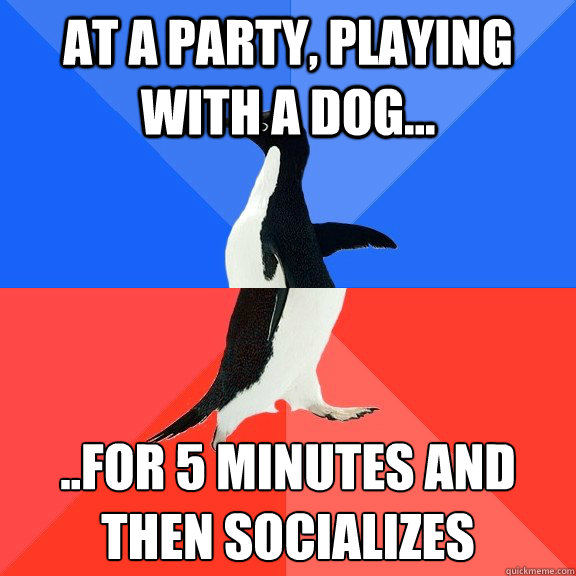 at a party, playing with a dog... ..for 5 minutes and then socializes  - at a party, playing with a dog... ..for 5 minutes and then socializes   Socially Awkward Awesome Penguin