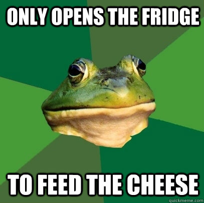 only opens the fridge to feed the cheese  Foul Bachelor Frog