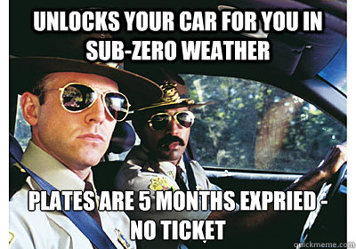 Unlocks your car for you in sub-zero weather plates are 5 months expried - 
no ticket  Good Guy Cop