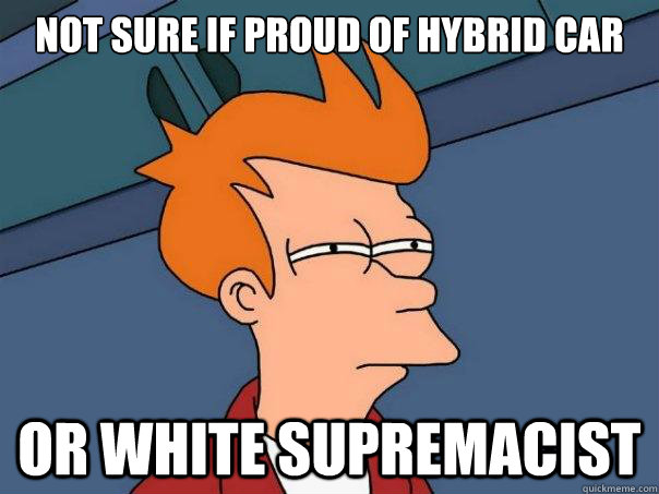 Not sure if proud of hybrid car
 or white supremacist - Not sure if proud of hybrid car
 or white supremacist  Futurama Fry