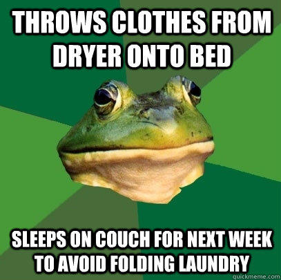 Throws clothes from dryer onto bed Sleeps on couch for next week to avoid folding laundry - Throws clothes from dryer onto bed Sleeps on couch for next week to avoid folding laundry  Foul Bachelor Frog