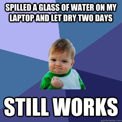 Spilled a glass of water on my laptop and let dry two days Still works  Success Kid