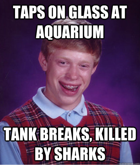 Taps on glass at aquarium tank breaks, killed by sharks  Bad Luck Brian