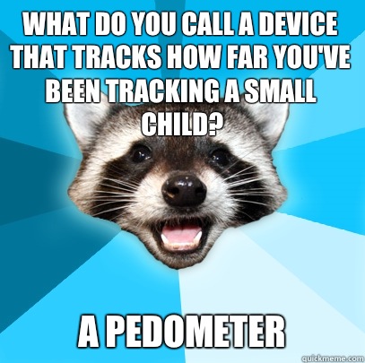 What do you call a device that tracks how far you've been tracking a small child? A pedometer - What do you call a device that tracks how far you've been tracking a small child? A pedometer  Lame Pun Coon