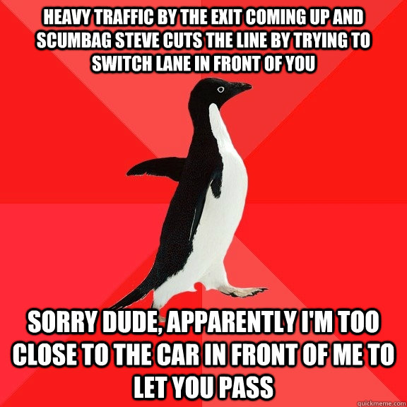 heavy traffic by the exit coming up and scumbag steve cuts the line by trying to switch lane in front of you sorry dude, apparently I'm too close to the car in front of me to let you pass  Socially Awesome Penguin