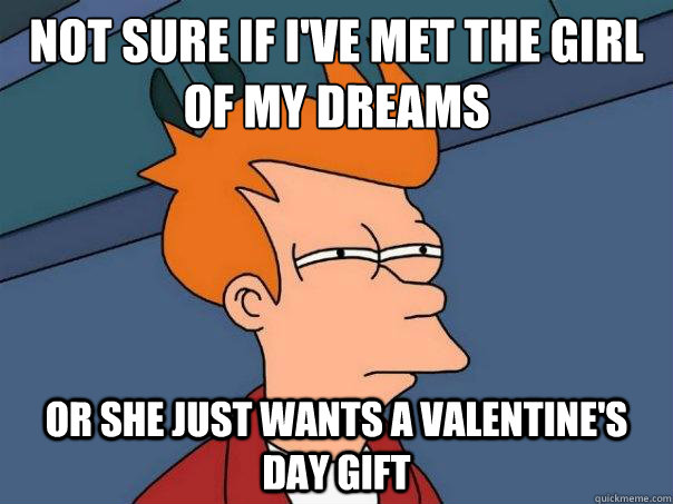 not sure if i've met the girl of my dreams or she just wants a valentine's day gift  Futurama Fry