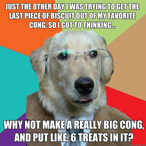 Just the other day I was trying to get the last piece of biscuit out of my favorite cong. So I got to thinking... Why not make a really big cong, and put like, 6 treats in it?  Business Dog