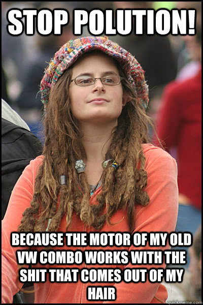stop polution! Because the motor of my old VW combo works with the shit that comes out of my hair - stop polution! Because the motor of my old VW combo works with the shit that comes out of my hair  Bad Argument Hippie
