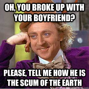 Oh, you broke up with your boyfriend? Please, tell me how he is the scum of the earth  Condescending Wonka