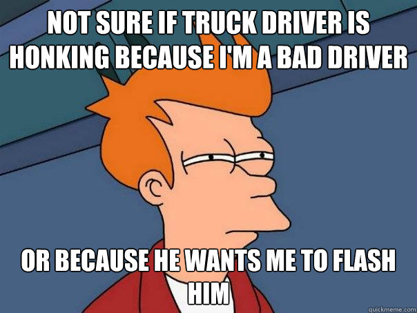 Not sure if truck driver is honking because I'm a bad driver or because he wants me to flash him  Futurama Fry