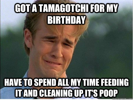 got a tamagotchi for my birthday have to spend all my time feeding it and cleaning up it's poop  1990s Problems