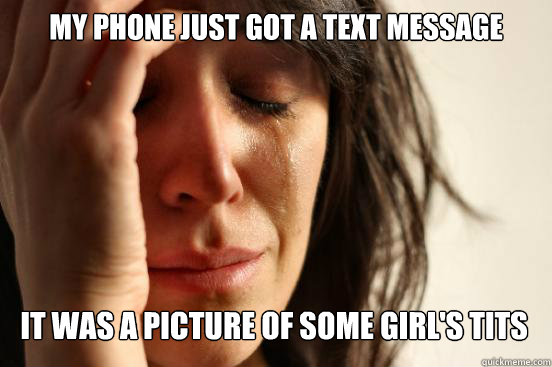 My phone just got a text message  It was a picture of some girl's tits  First World Problems