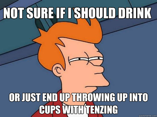 not sure if i should drink or just end up throwing up into cups with tenzing - not sure if i should drink or just end up throwing up into cups with tenzing  Futurama Fry