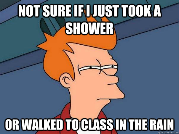 not sure if i just took a shower or walked to class in the rain  Futurama Fry