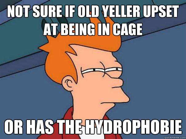 Not sure if old yeller upset at being in cage Or has the hydrophobie  Futurama Fry