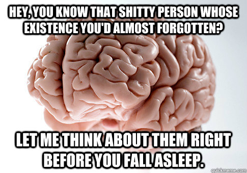 Hey, you know that shitty person whose existence you'd almost forgotten? Let me think about them right before you fall asleep.   Scumbag Brain