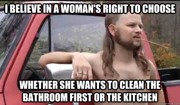 I believe in a woman's right to choose whether she wants to clean the bathroom first or the kitchen  Almost Politically Correct Redneck