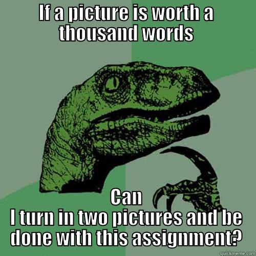 IF A PICTURE IS WORTH A THOUSAND WORDS CAN I TURN IN TWO PICTURES AND BE DONE WITH THIS ASSIGNMENT? Philosoraptor